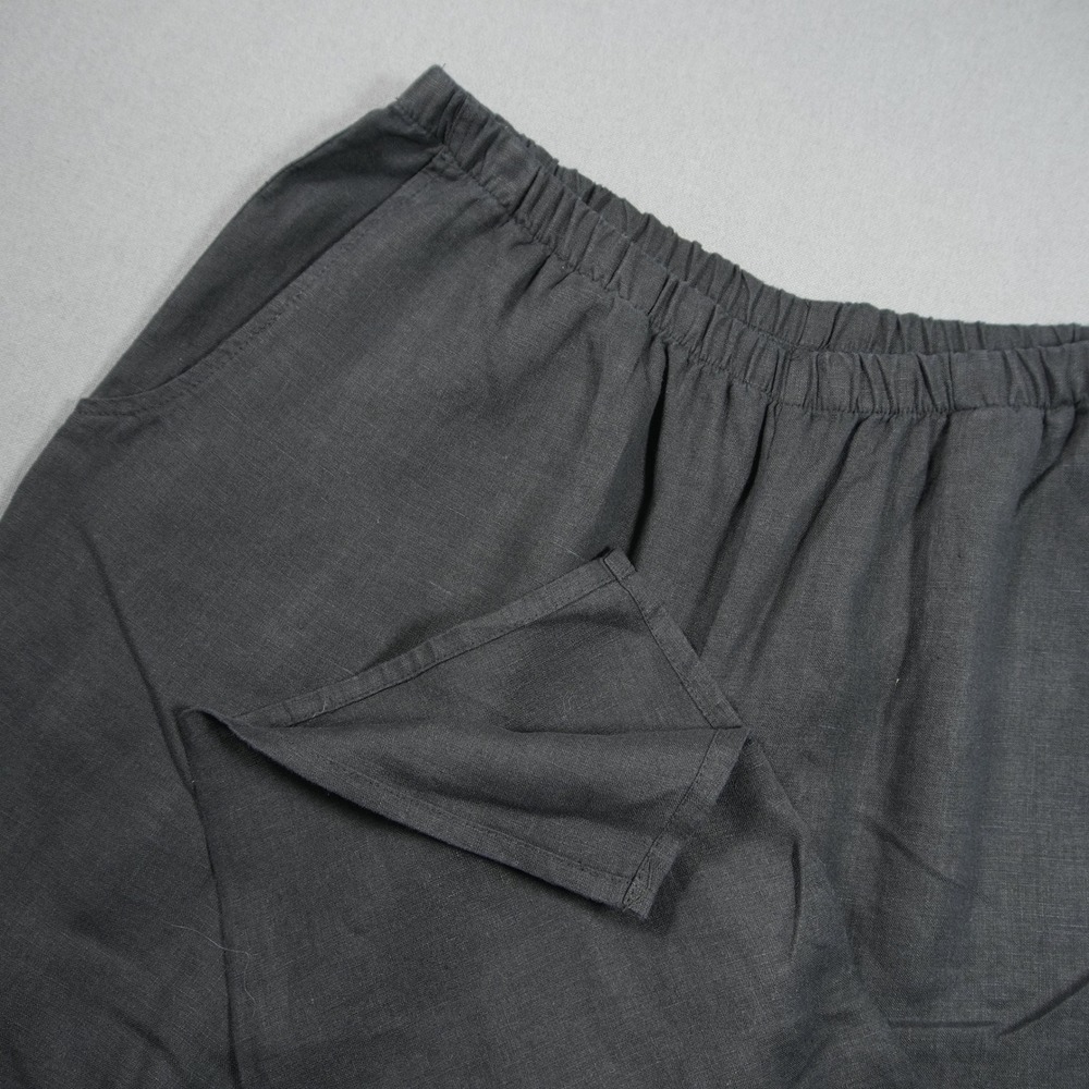 Flax Linen Wide Leg Baggy Elastic Waist Pockets Side Slit Women Pants M Boho